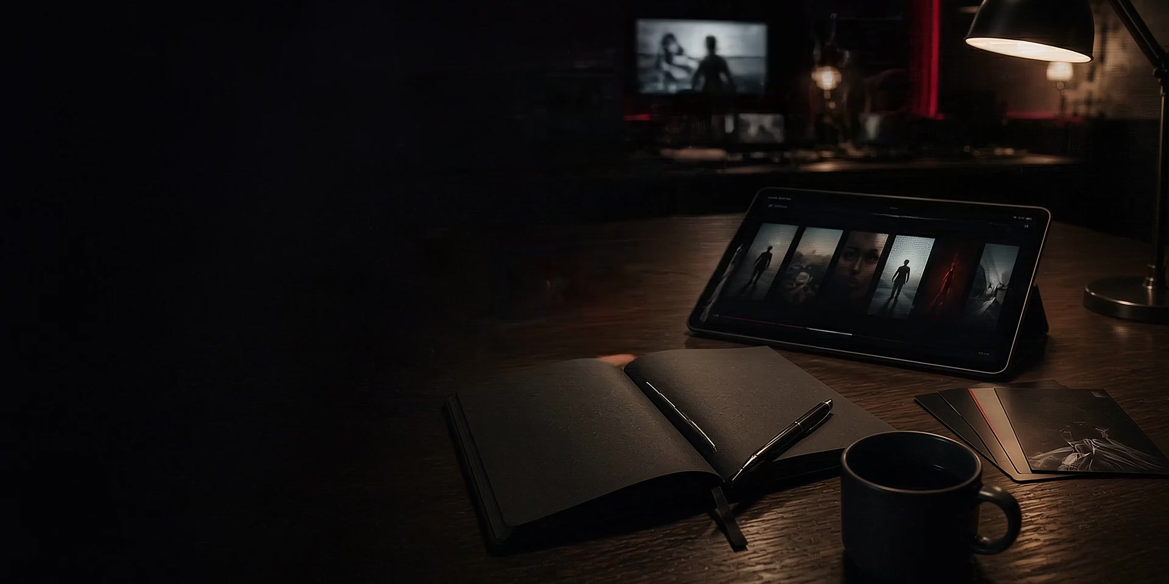 A desk of market research: tablets, notes and performance data