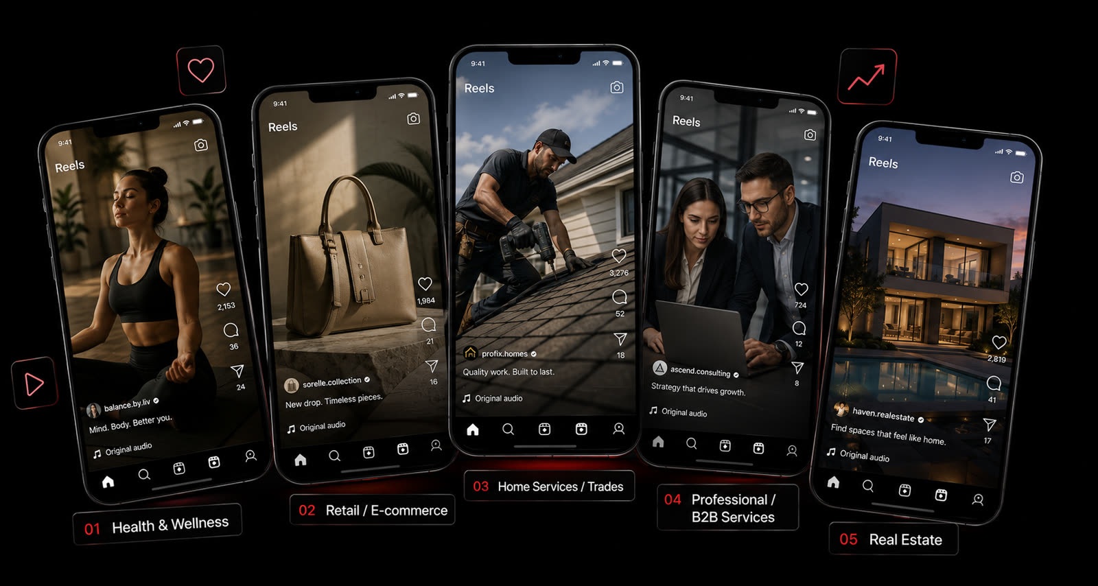 Five phones showing example vertical video ads across health and wellness, retail, home services, professional services and real estate.