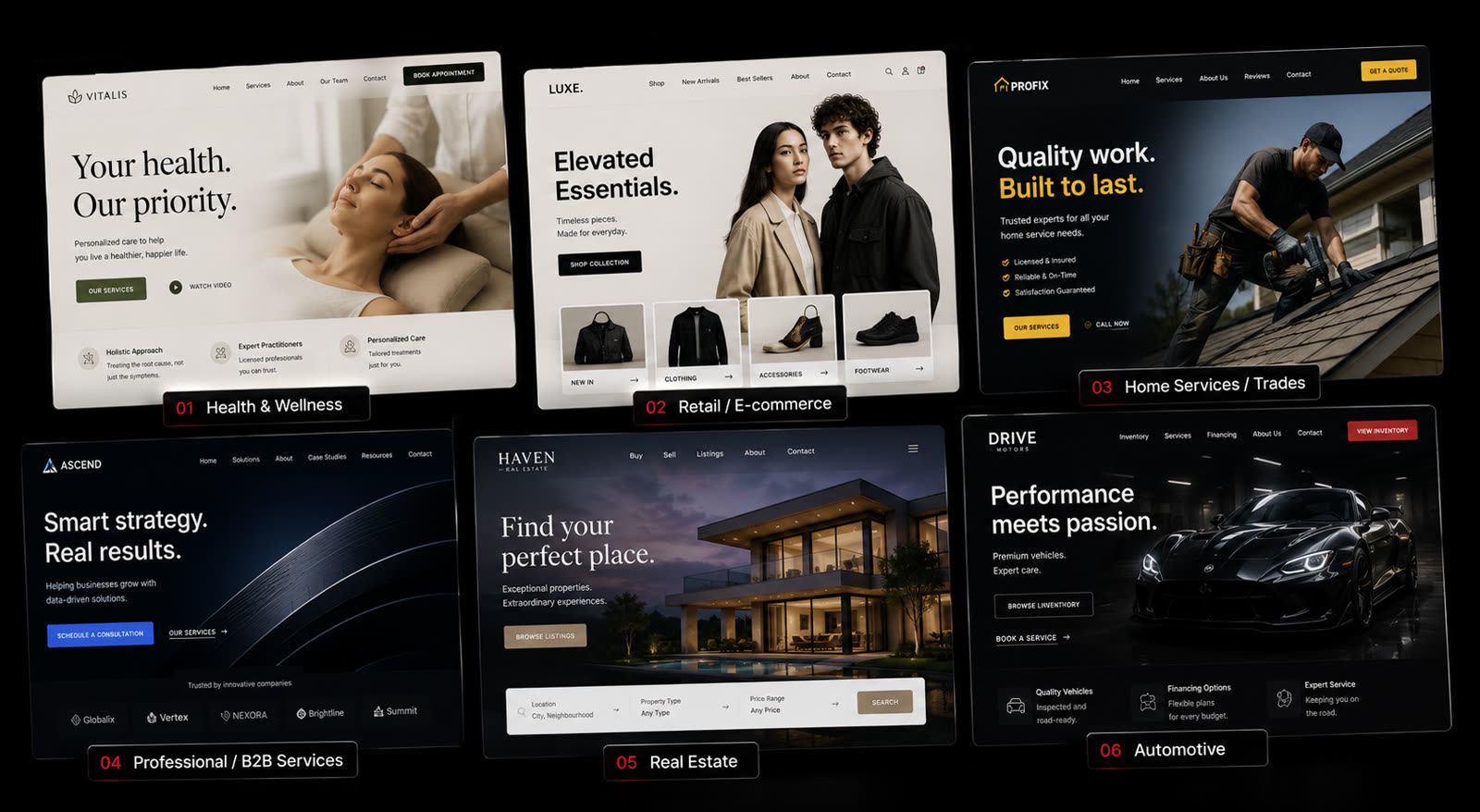 Six example website designs across health and wellness, retail, home services, professional services, real estate and automotive.